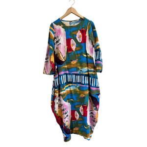 Abstract Print Lagenlook Midi Dress Oversized Artsy Boho Size M